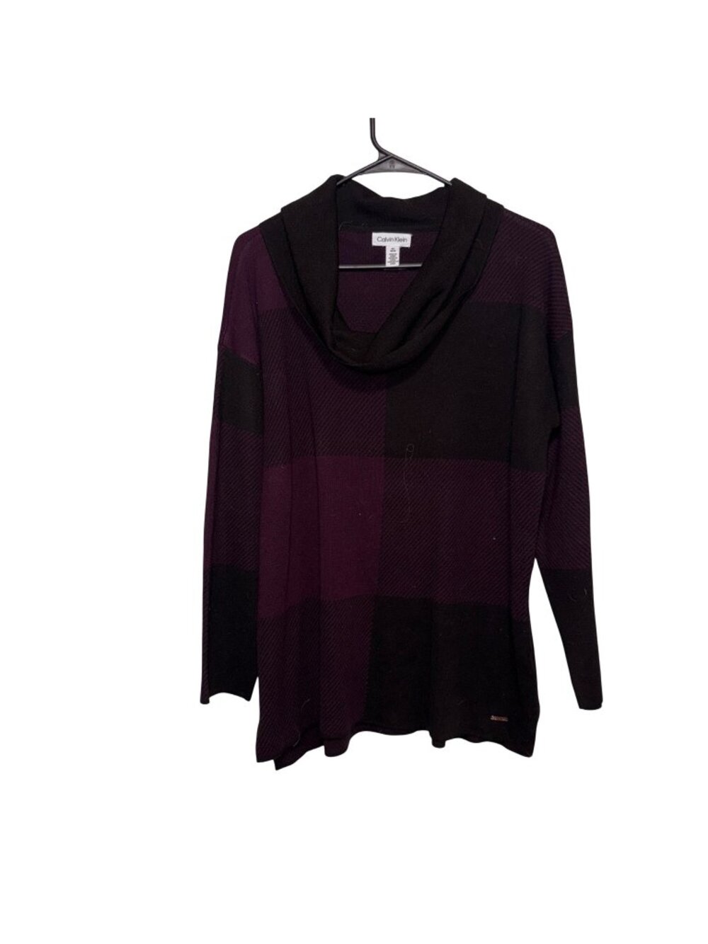 Calvin Klein Womens Black & Purple Plaid Cowl Neck Sweater M Long Sleeve